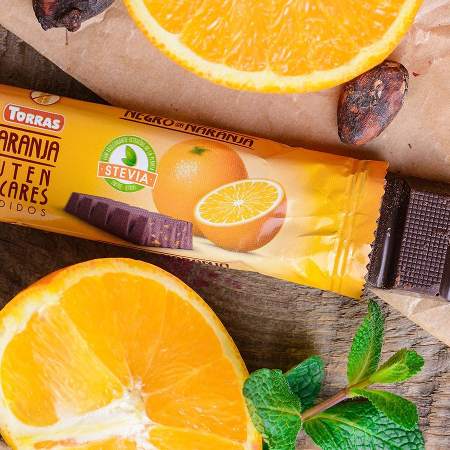 Torras Stevia zuckerfreie Schoko Riegel Dark Chocolate mit Orange 35g (3,97€/100g) für die Keto Diät und ketogene Ernährung